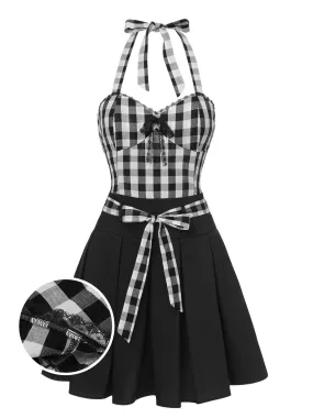 2PCS Black 1950s Plaid Halter Top & Umbrella Skirt