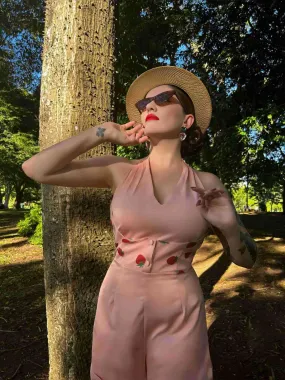 2PCS Pink 1950s Halter Strawberry Romper & Umbrella Skirt