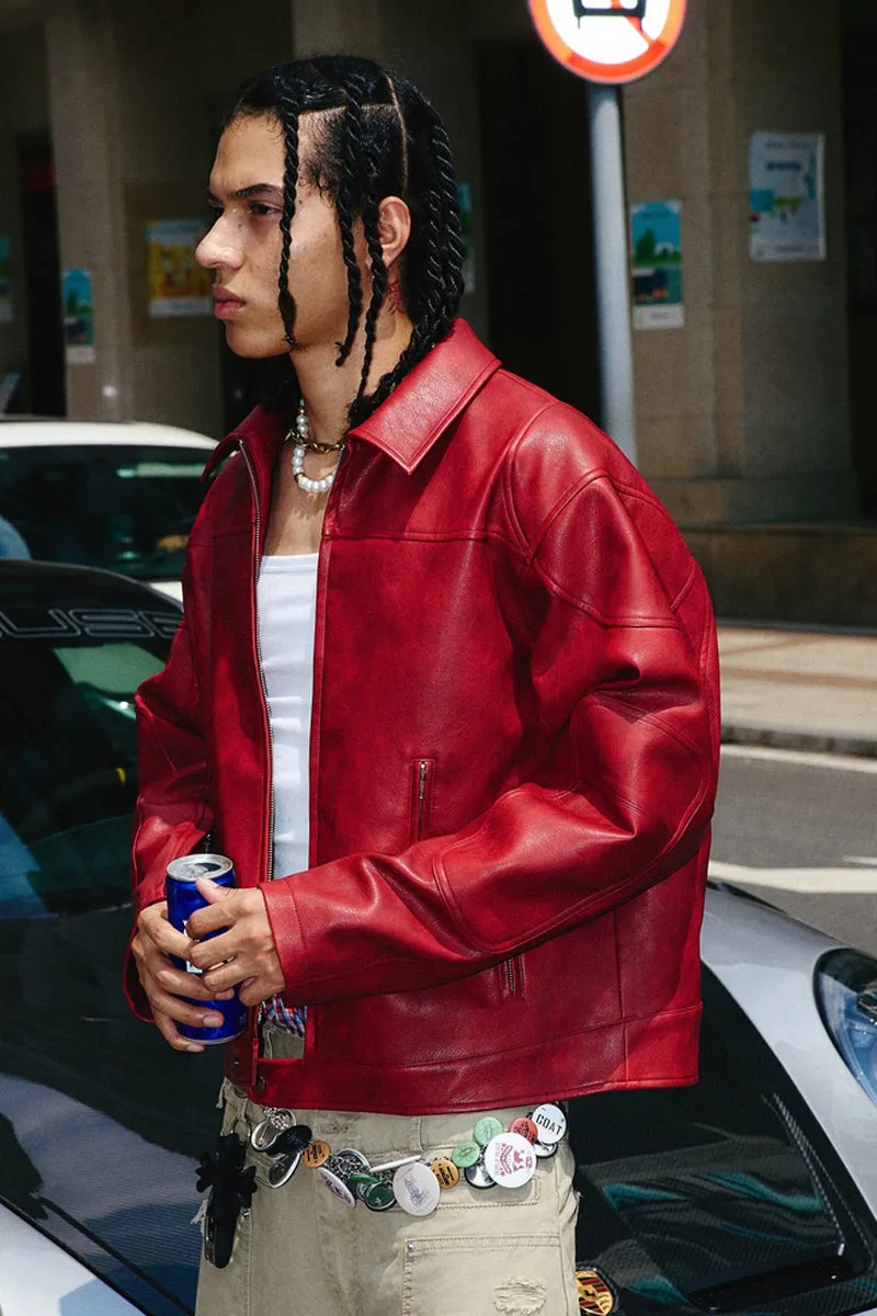 Burgundy Washed Cropped Leather Jacket