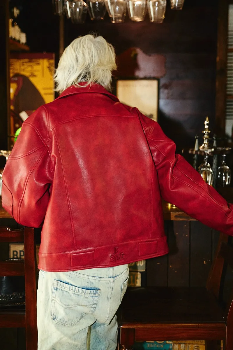 Burgundy Washed Cropped Leather Jacket