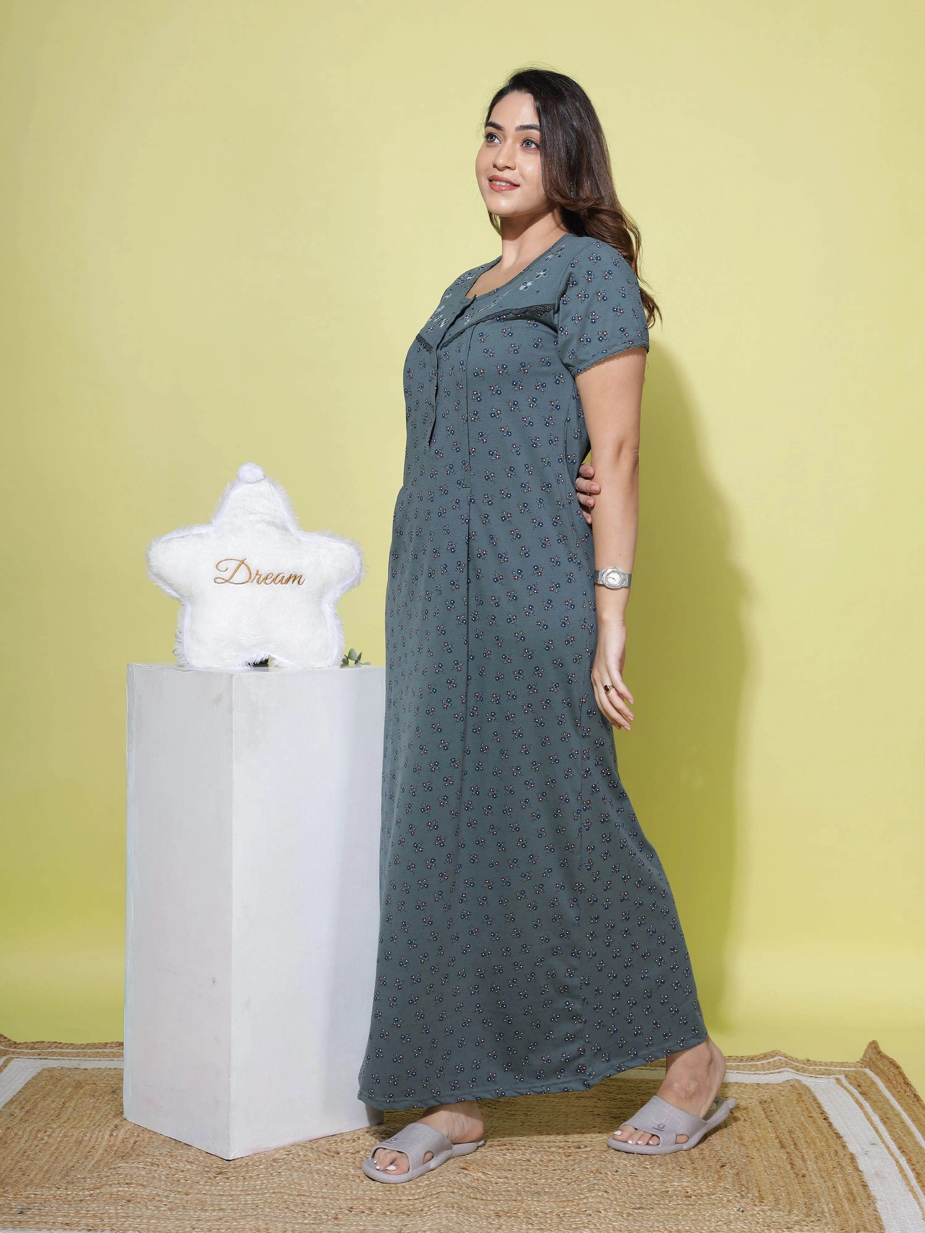 Cotton Blend Maternity Feeding Teal Nighty