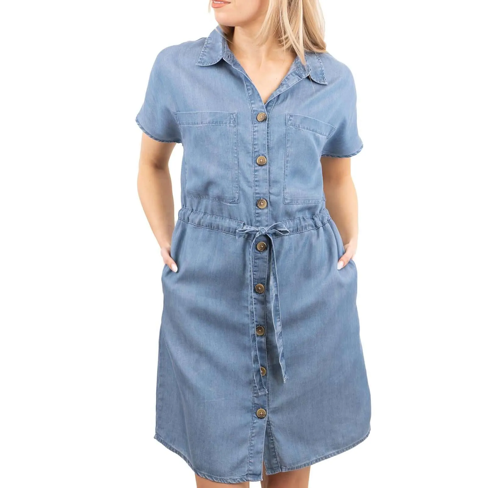 Next Blue Denim Short Sleeve Drawstring Waist Short Dress