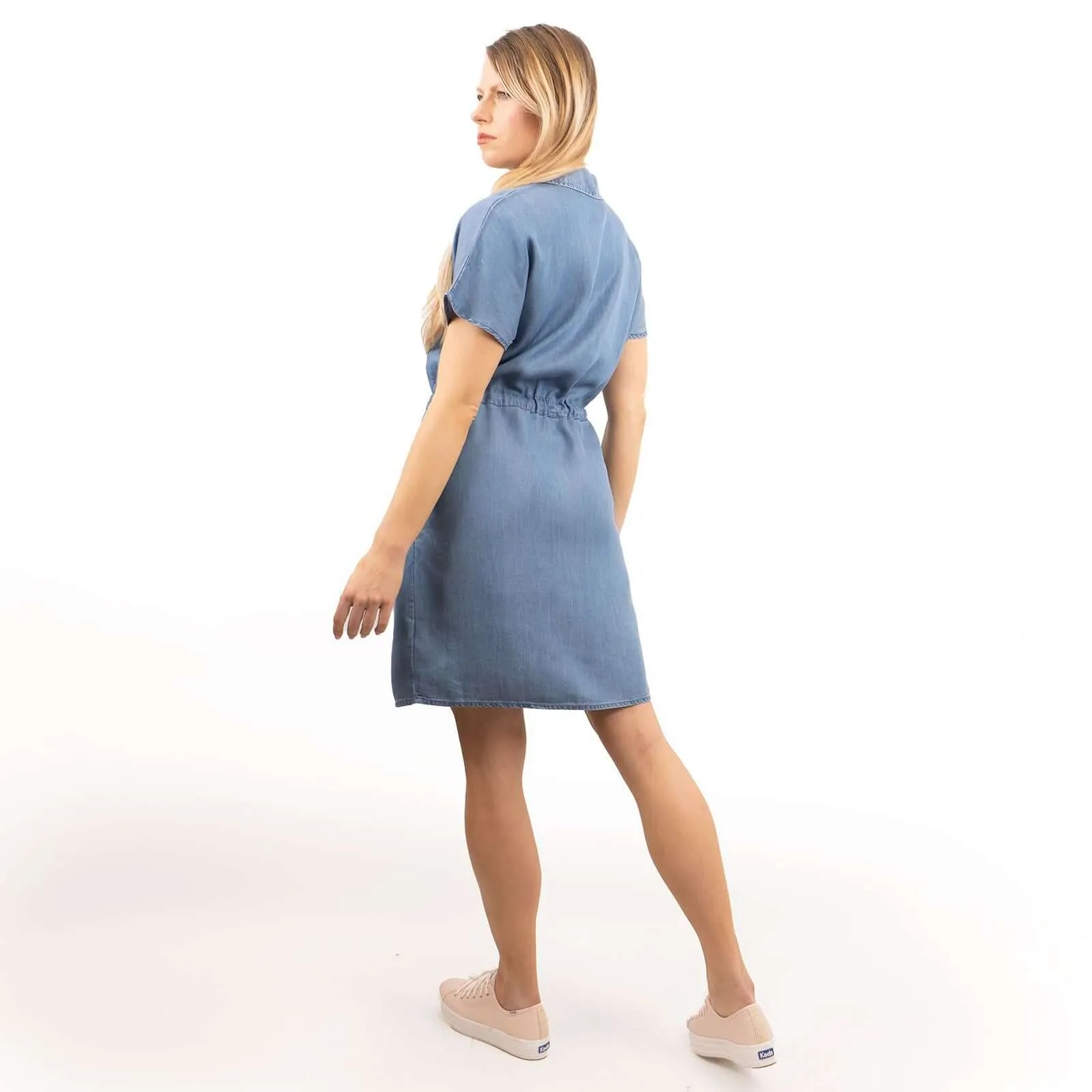 Next Blue Denim Short Sleeve Drawstring Waist Short Dress