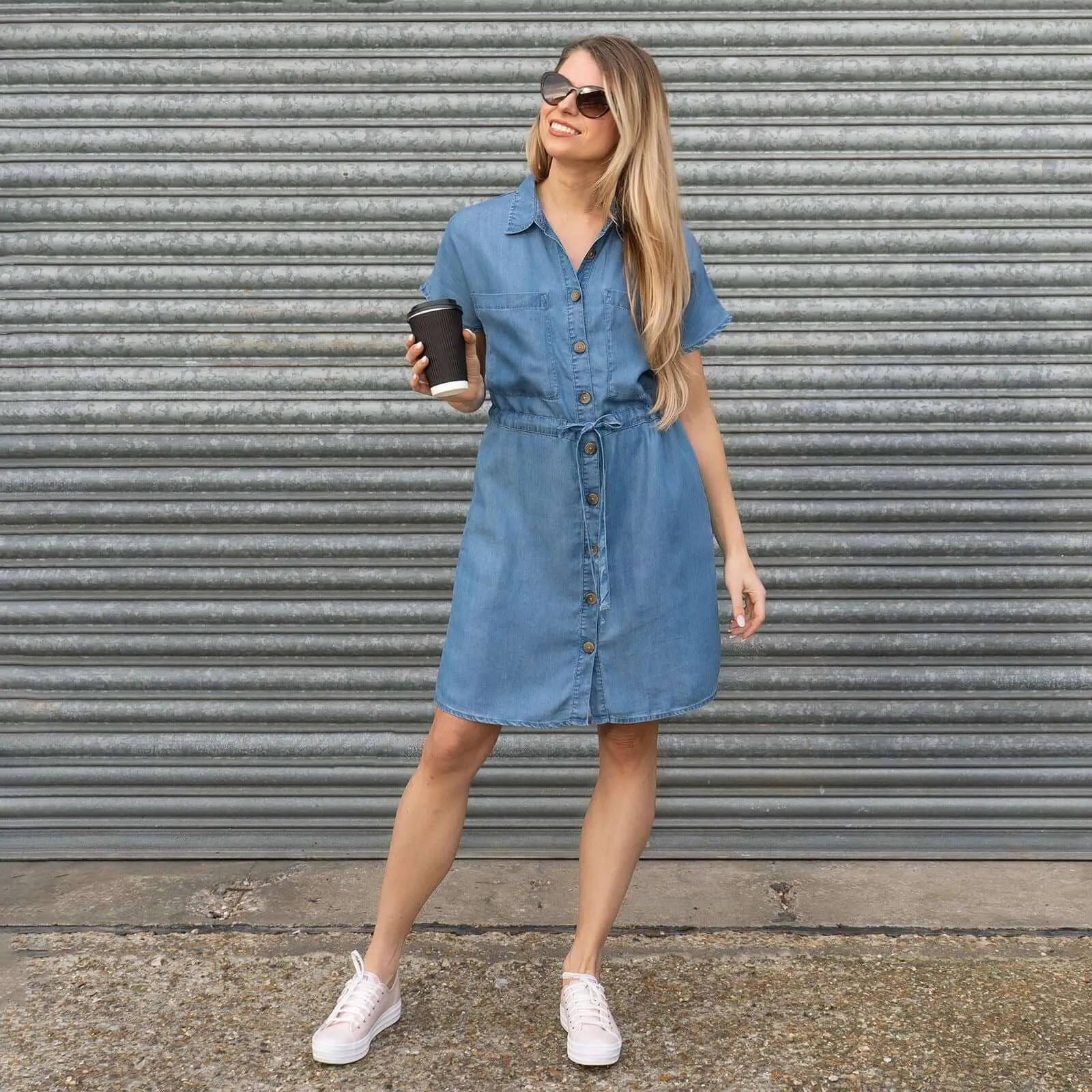 Next Blue Denim Short Sleeve Drawstring Waist Short Dress