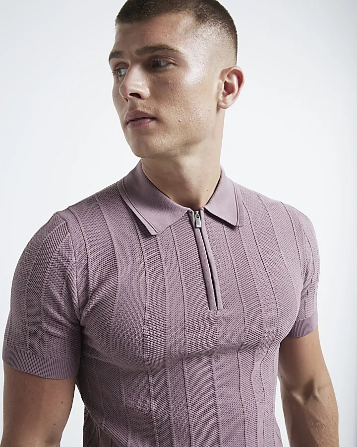 Pink muscle fit herringbone knit polo