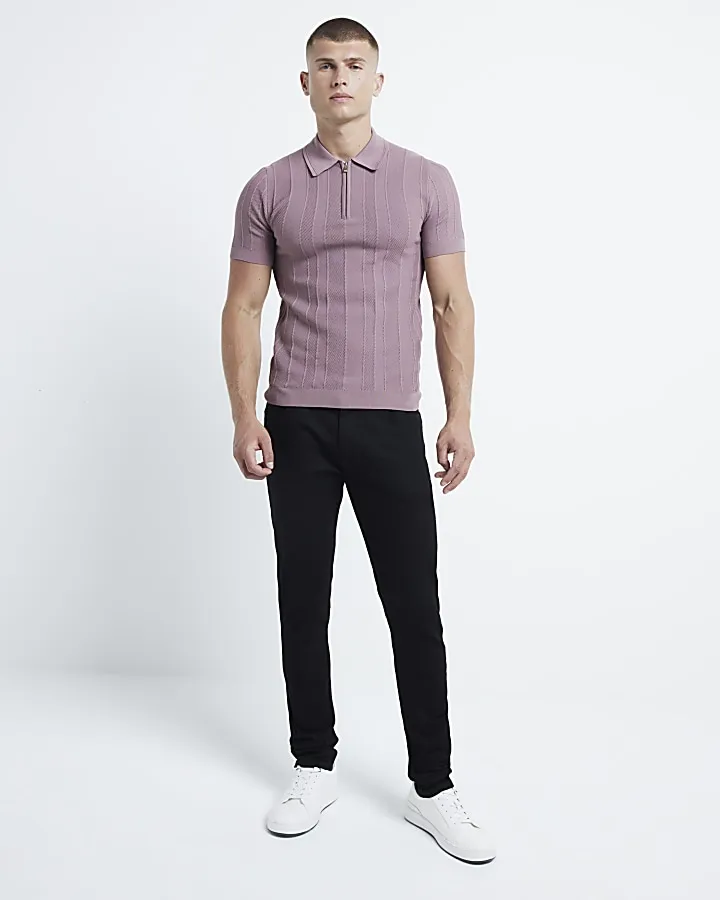 Pink muscle fit herringbone knit polo