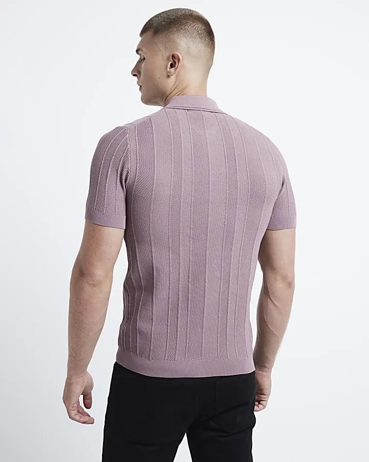 Pink muscle fit herringbone knit polo