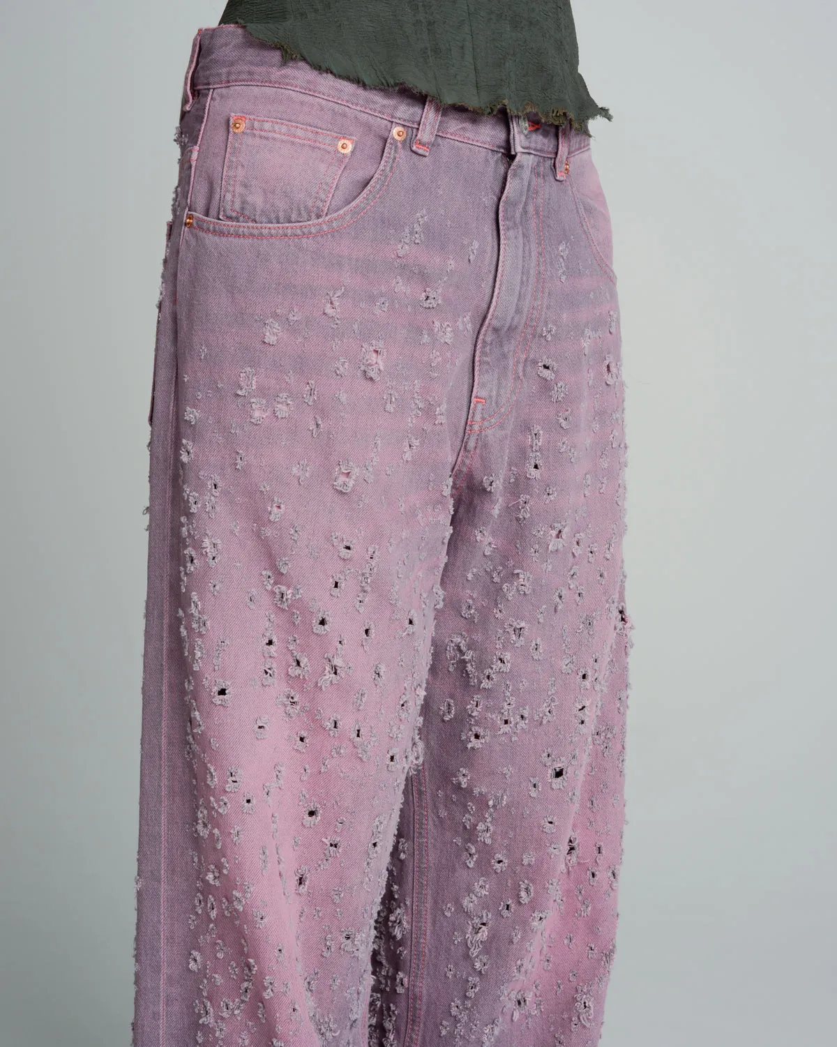 Pink Worn-Out Denim Trousers