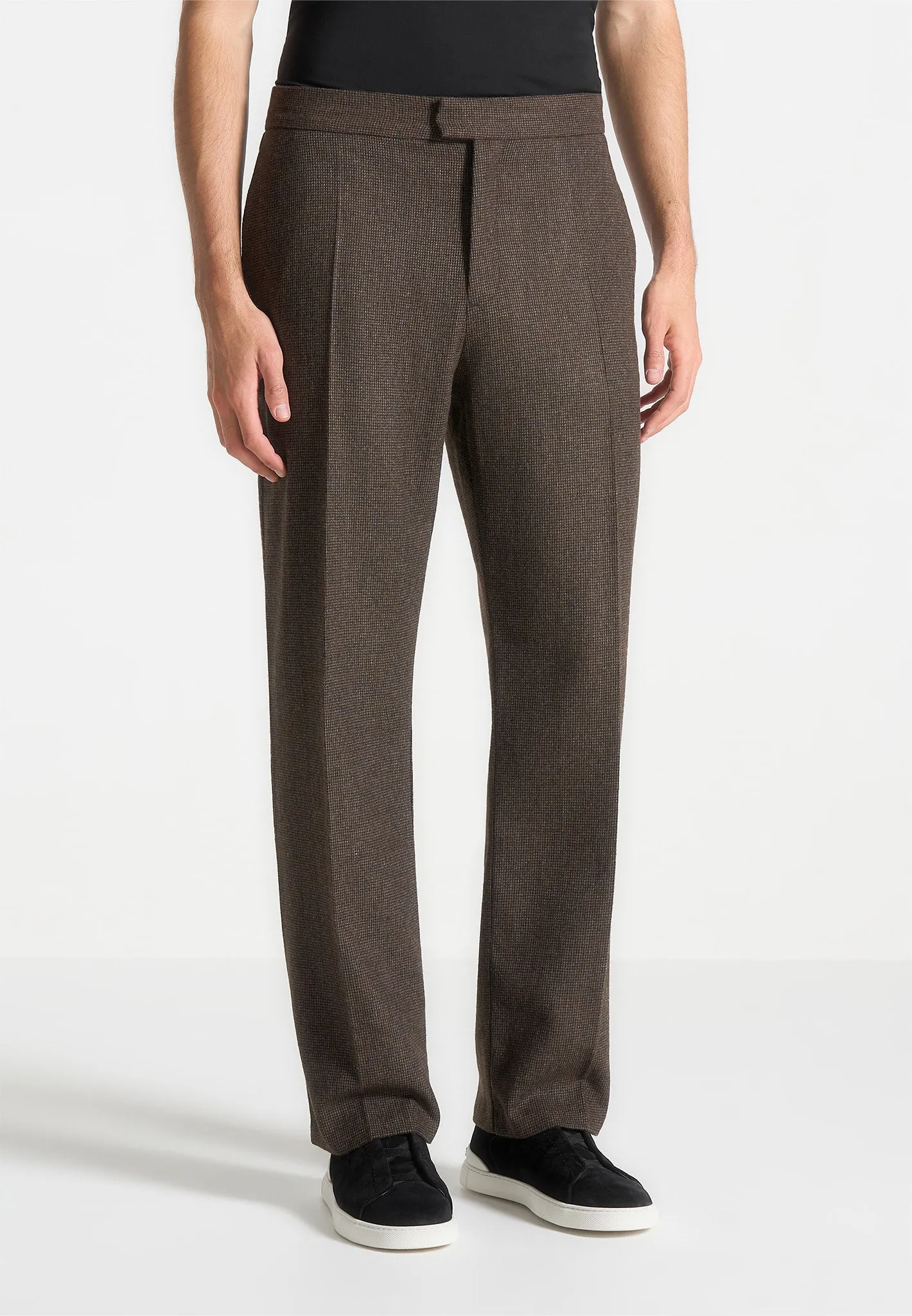 Regular Fit Houndstooth Wool-Blend Trousers - Brown