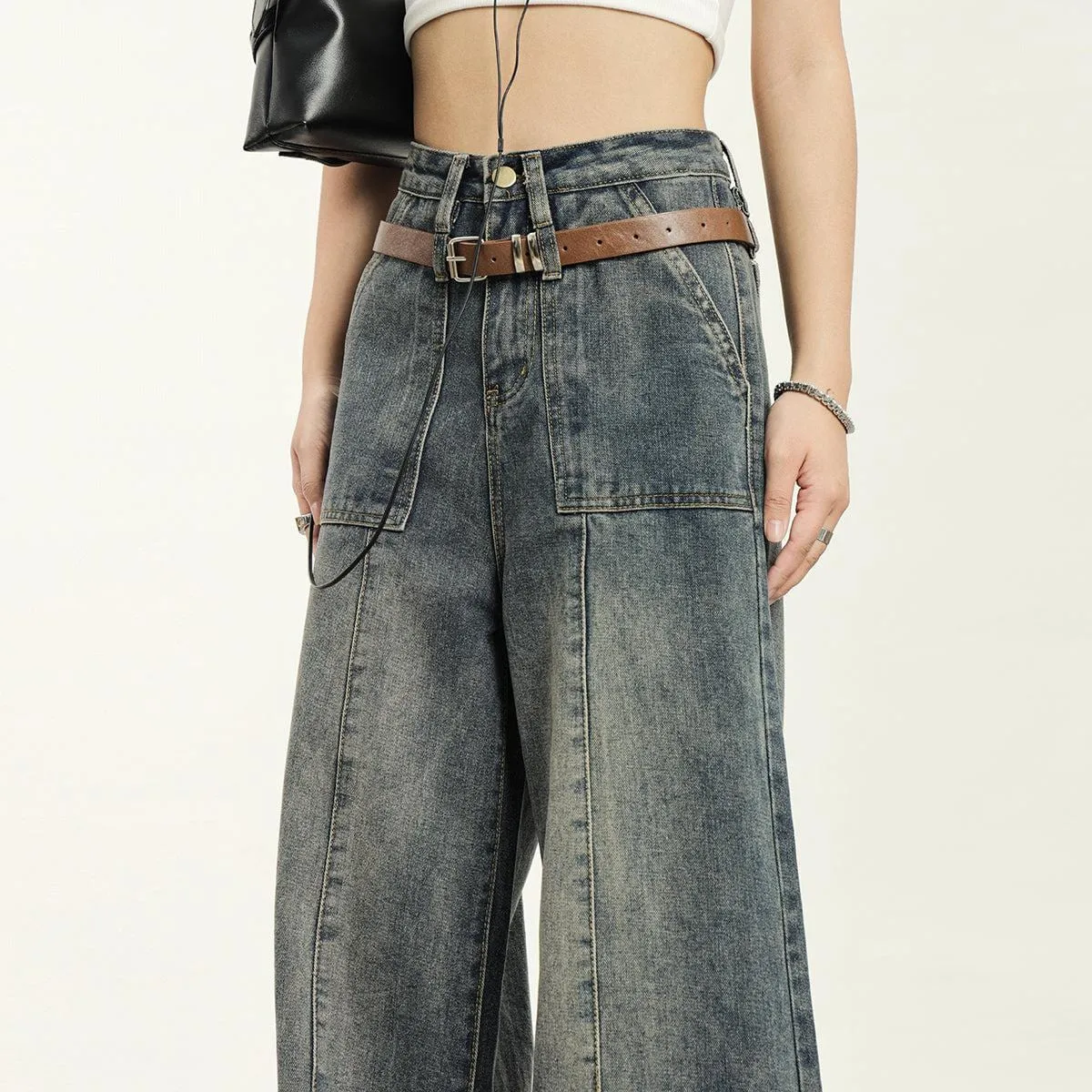 RTK (W) No. 1925 RECONSTRUCTED WIDE STRAIGHT DRAPE BELT DENIM JEANS