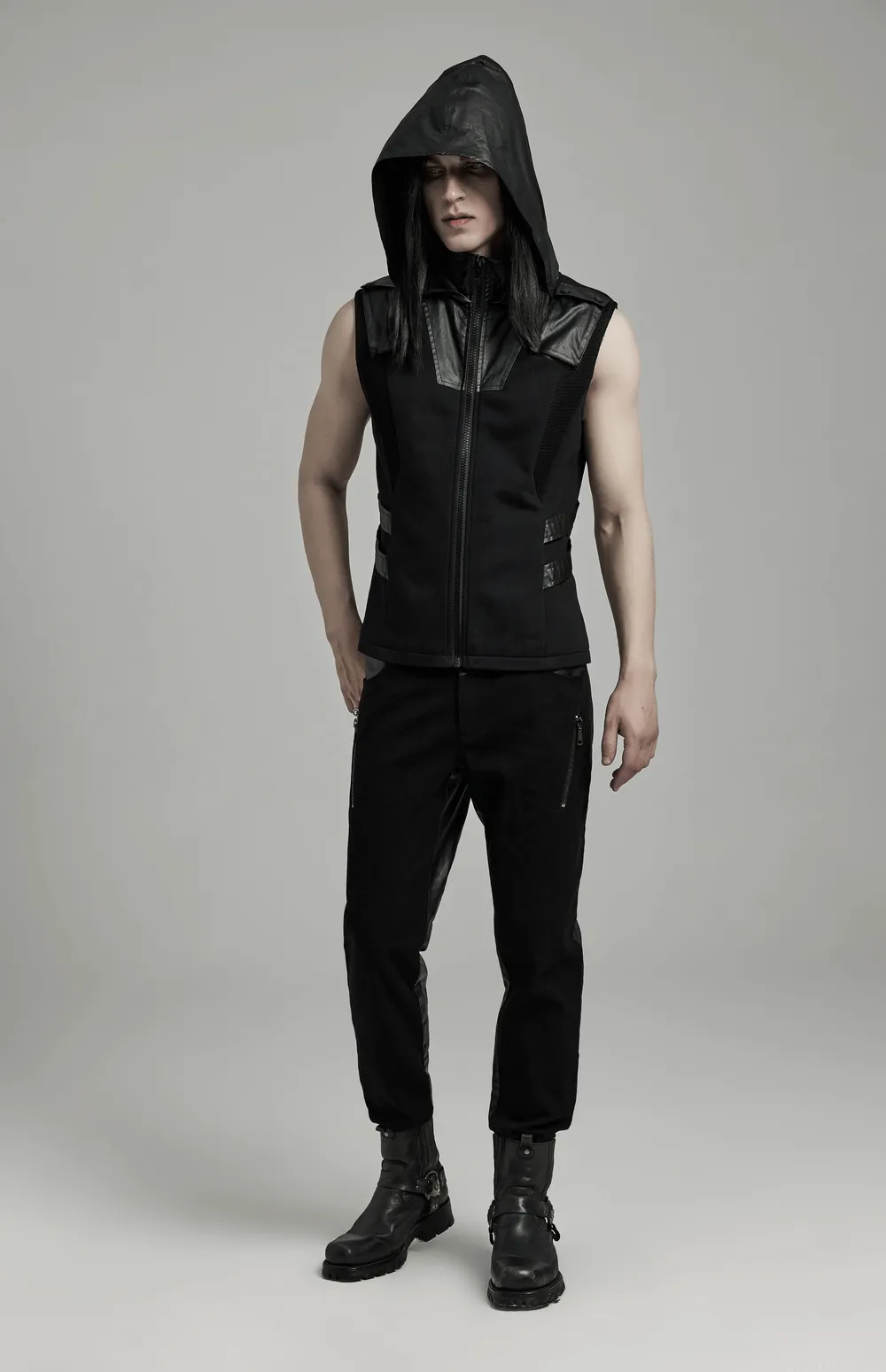 Techwear Sleeveless Hoodie with Leather Accents and Zipper