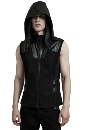 Techwear Sleeveless Hoodie with Leather Accents and Zipper