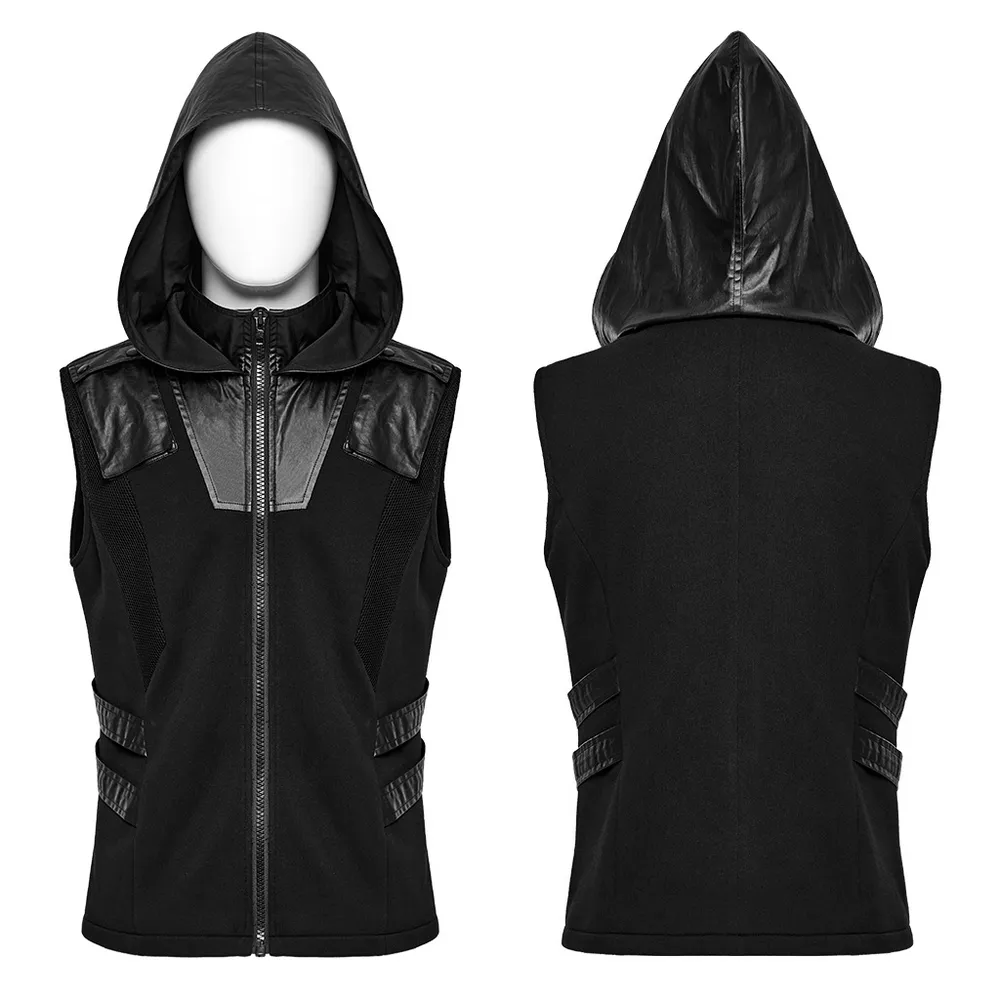 Techwear Sleeveless Hoodie with Leather Accents and Zipper