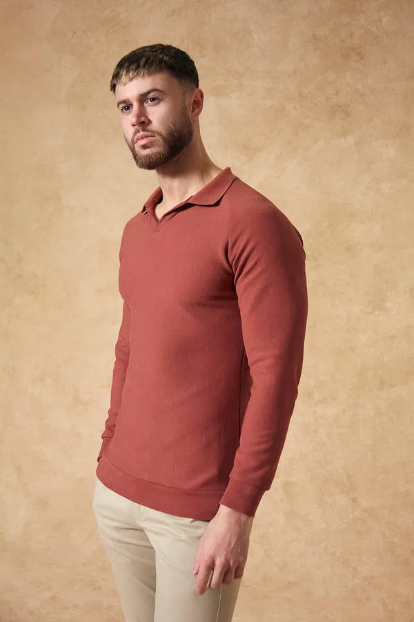 Textured Open Collar Polo in Brick