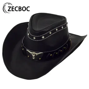 Western Leather Cowboy Hat - Black Hat with Cow Head Decoration