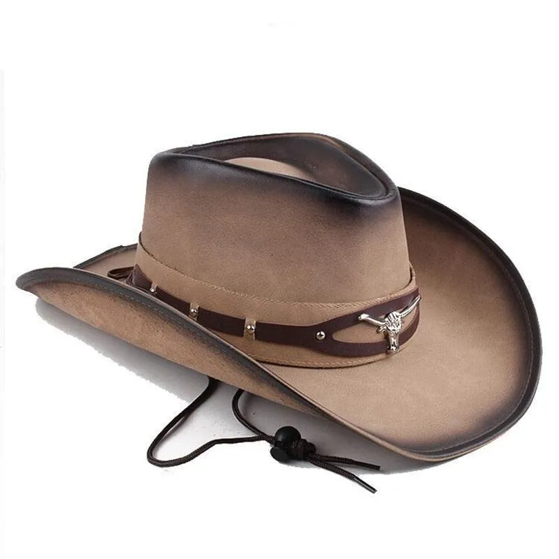 Western Leather Cowboy Hat - Black Hat with Cow Head Decoration