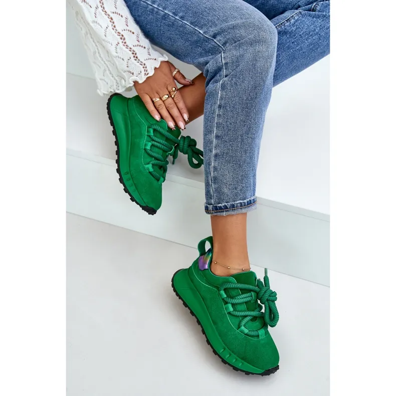 Women's Suede Sneakers With Thick Lacing Artiker 55C0099 Green