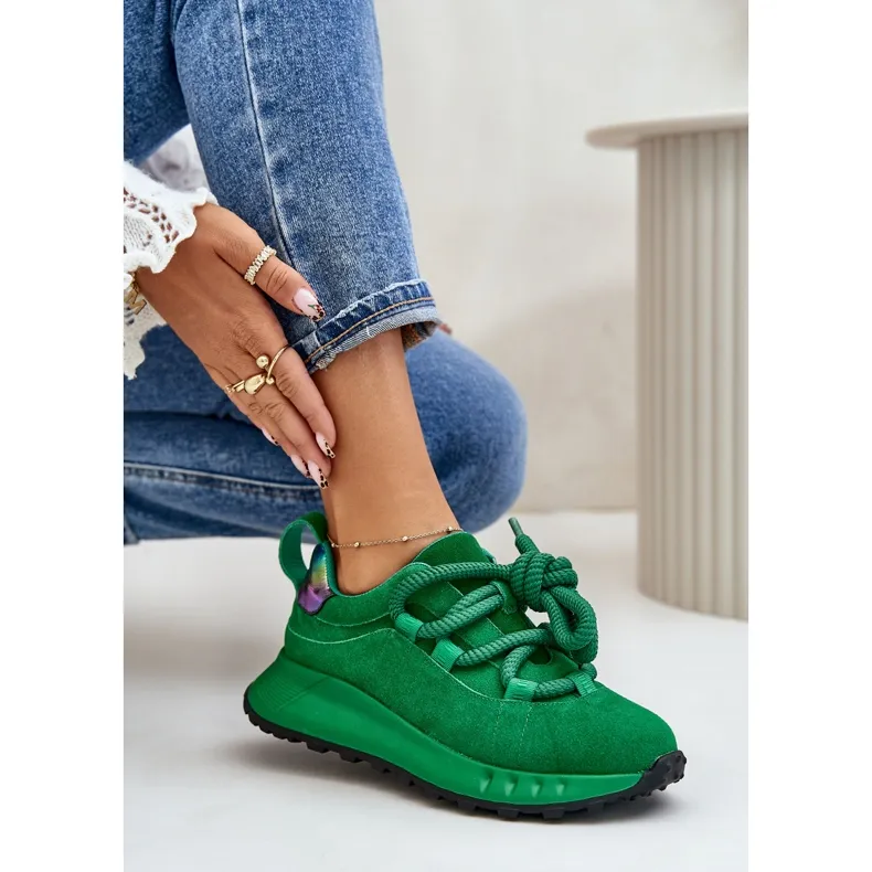 Women's Suede Sneakers With Thick Lacing Artiker 55C0099 Green